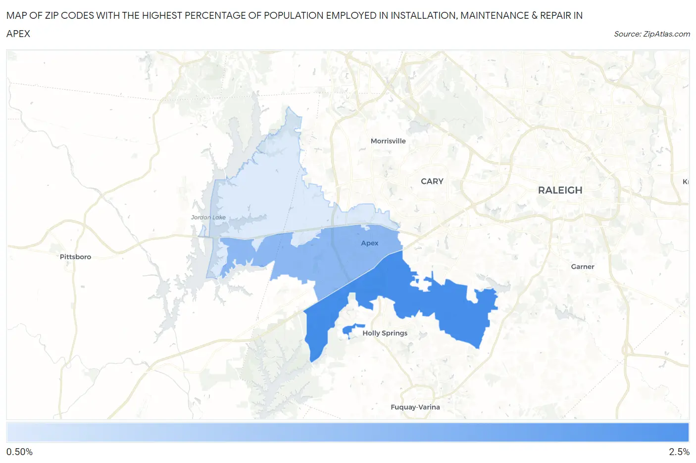 Zip Codes with the Highest Percentage of Population Employed in Installation, Maintenance & Repair in Apex Map