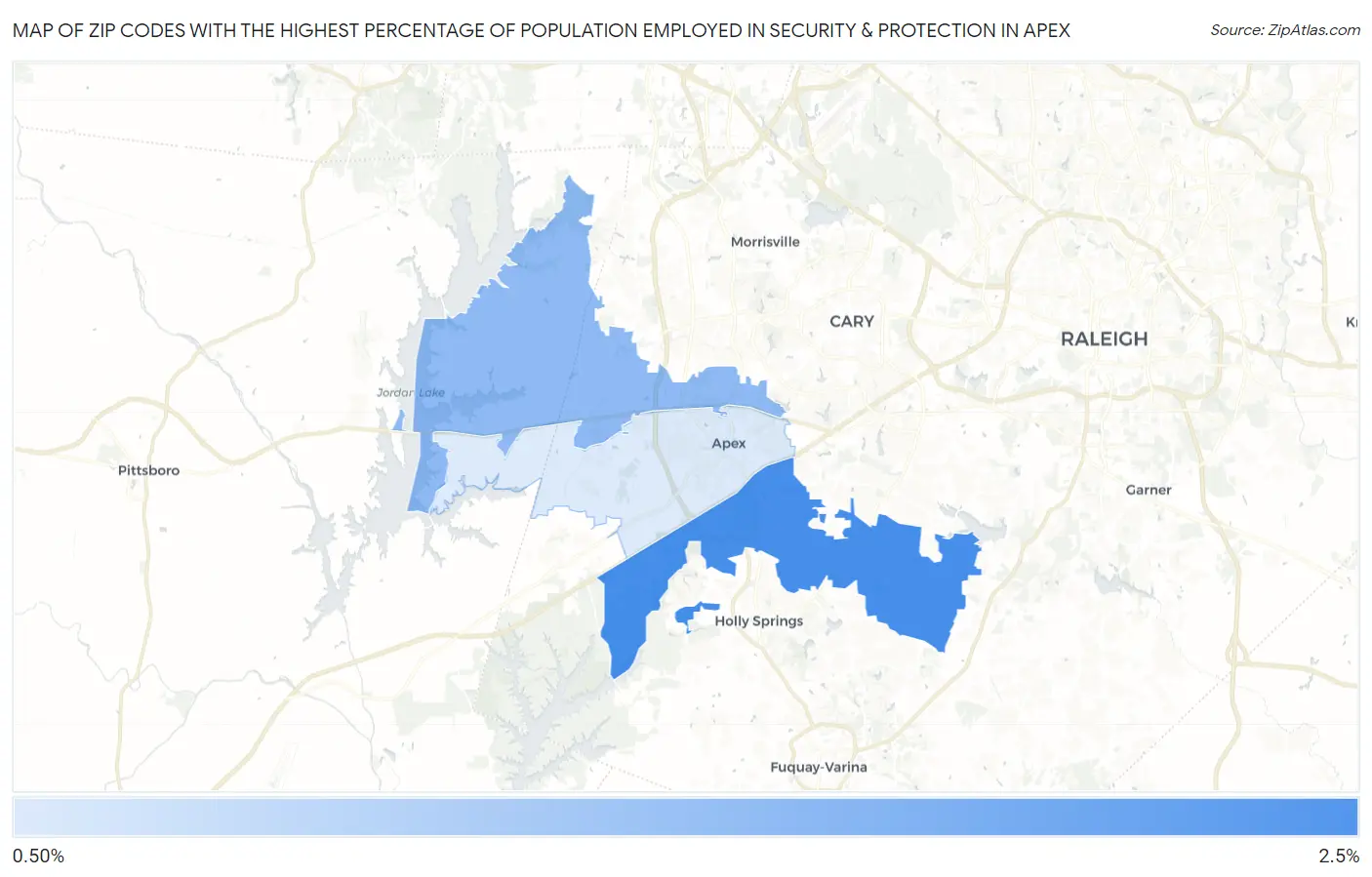 Zip Codes with the Highest Percentage of Population Employed in Security & Protection in Apex Map