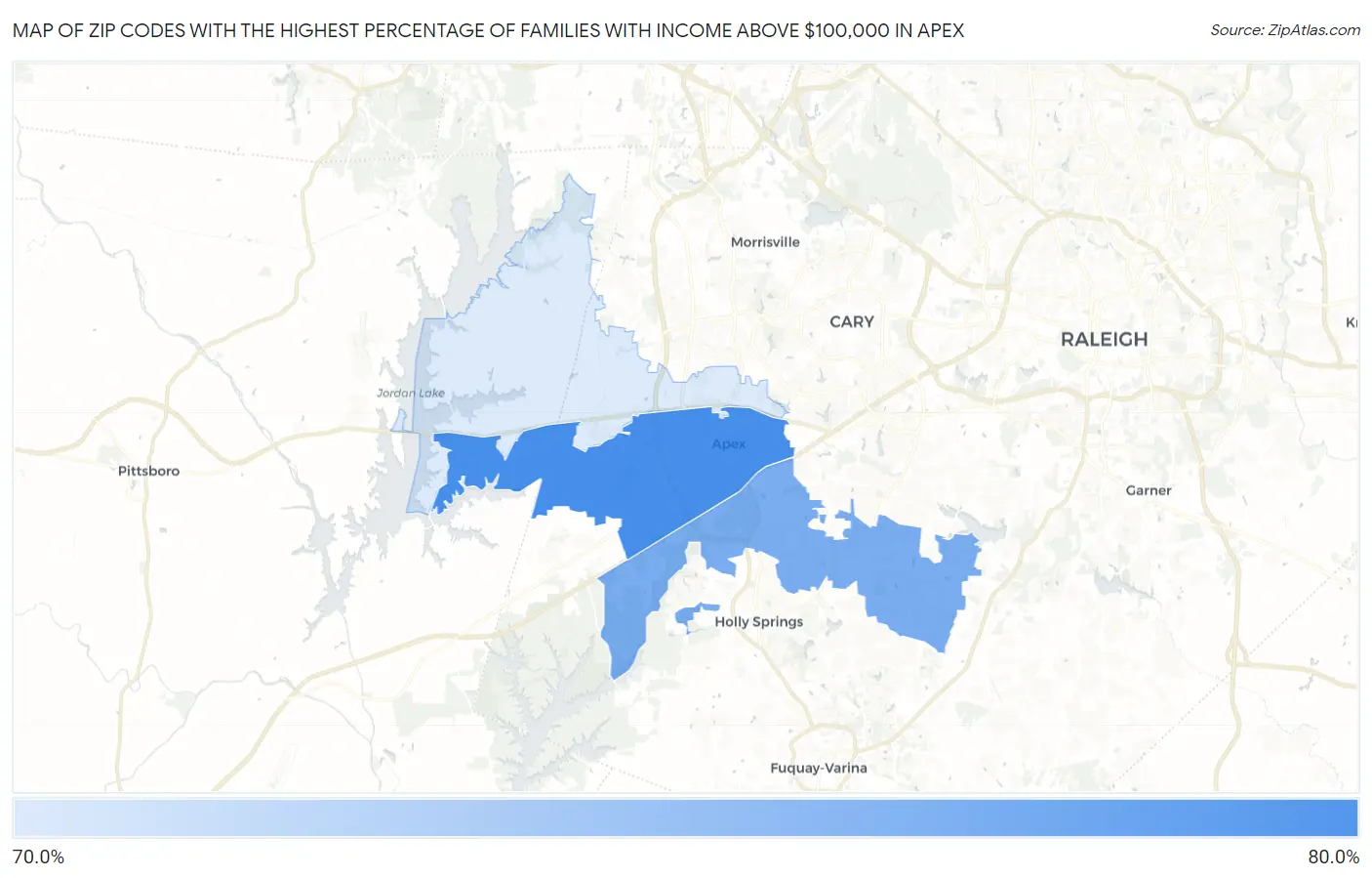 Zip Codes with the Highest Percentage of Families with Income Above $100,000 in Apex Map