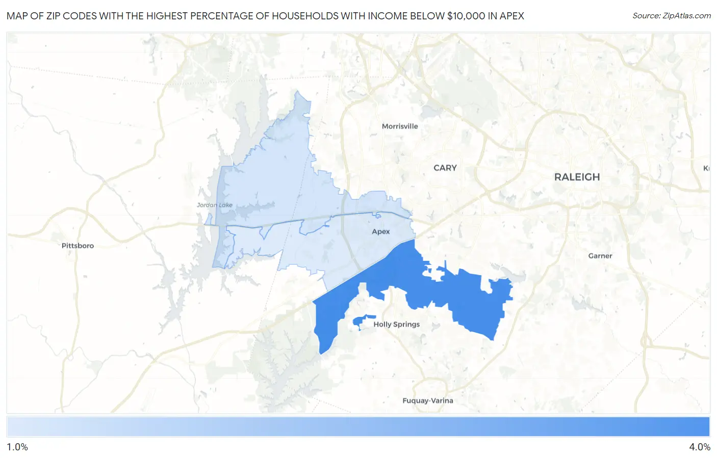 Zip Codes with the Highest Percentage of Households with Income Below $10,000 in Apex Map