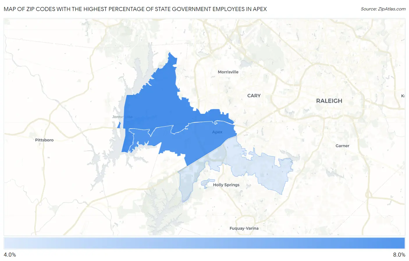 Zip Codes with the Highest Percentage of State Government Employees in Apex Map