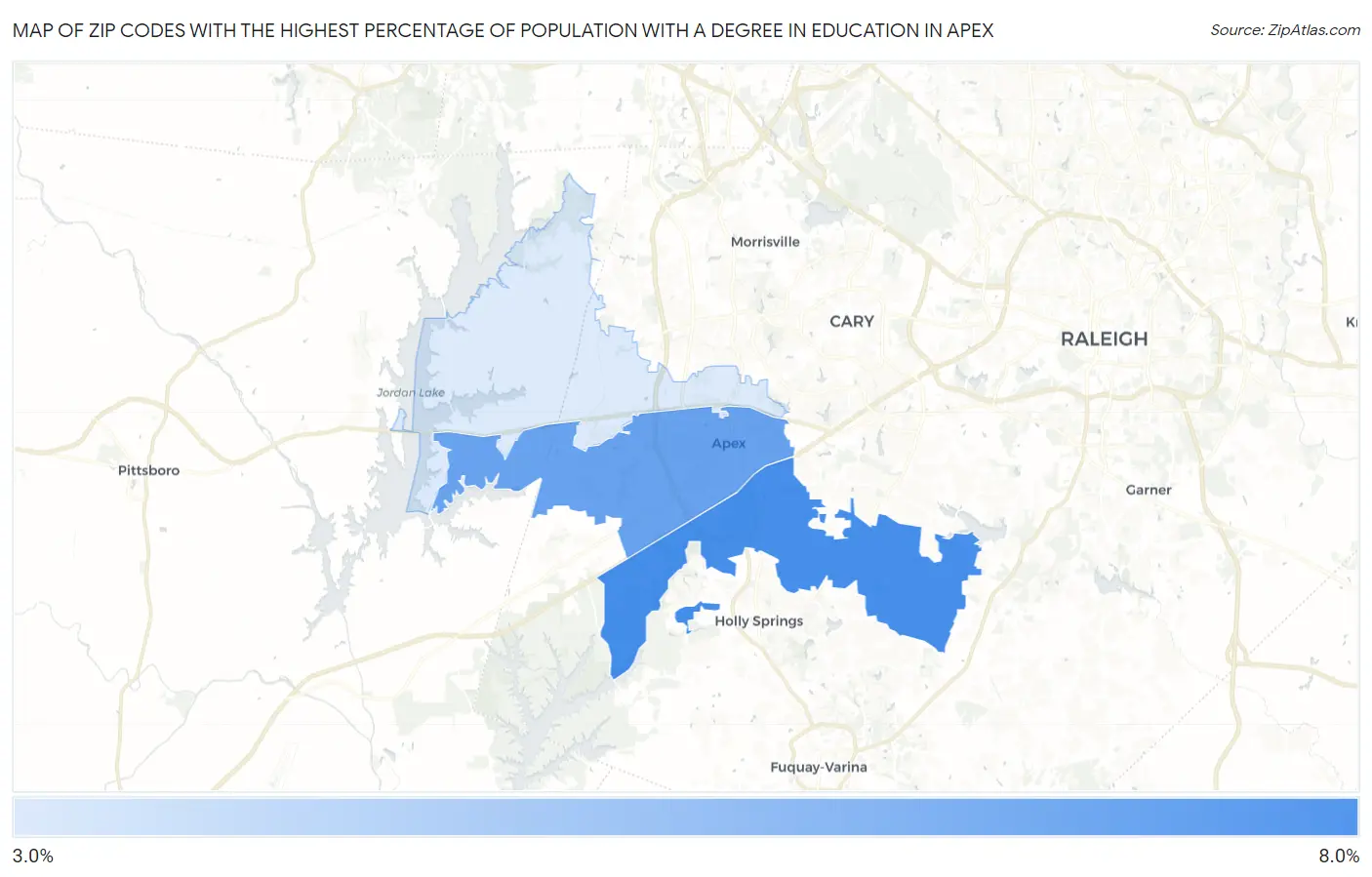 Zip Codes with the Highest Percentage of Population with a Degree in Education in Apex Map