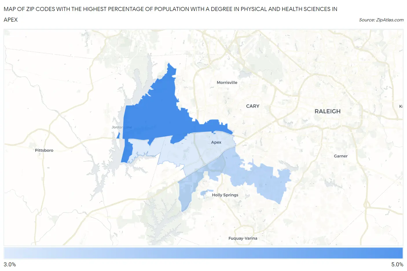 Zip Codes with the Highest Percentage of Population with a Degree in Physical and Health Sciences in Apex Map