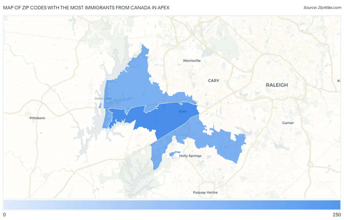 Zip Codes with the Most Immigrants from Canada in Apex Map
