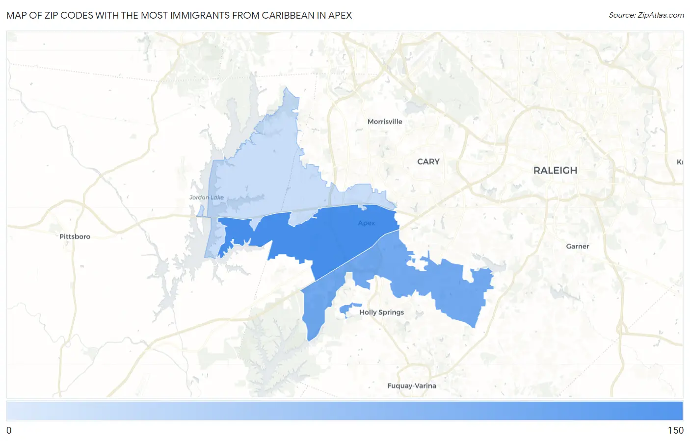 Zip Codes with the Most Immigrants from Caribbean in Apex Map