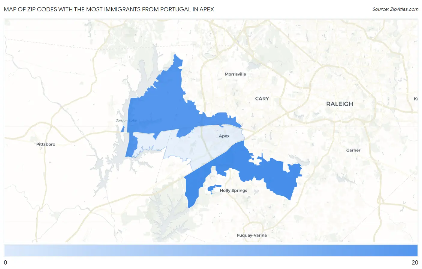 Zip Codes with the Most Immigrants from Portugal in Apex Map