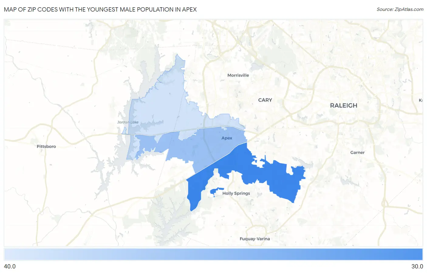 Zip Codes with the Youngest Male Population in Apex Map