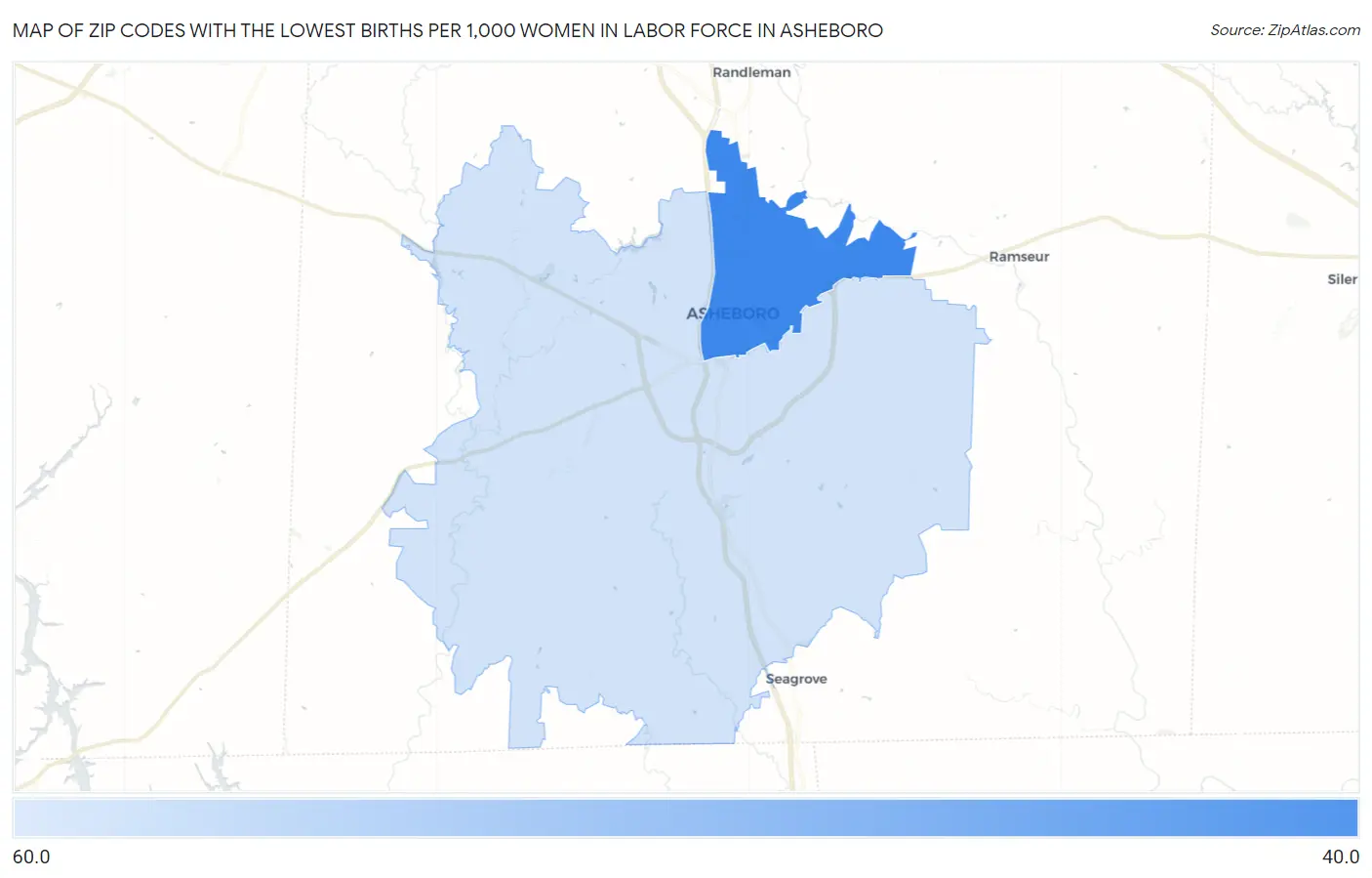 Zip Codes with the Lowest Births per 1,000 Women in Labor Force in Asheboro Map