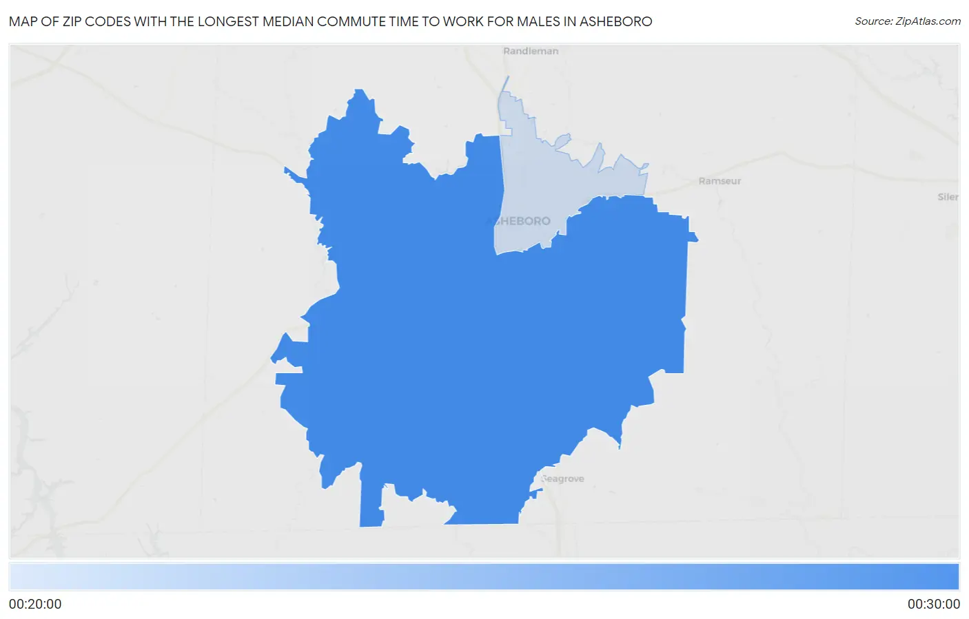 Zip Codes with the Longest Median Commute Time to Work for Males in Asheboro Map