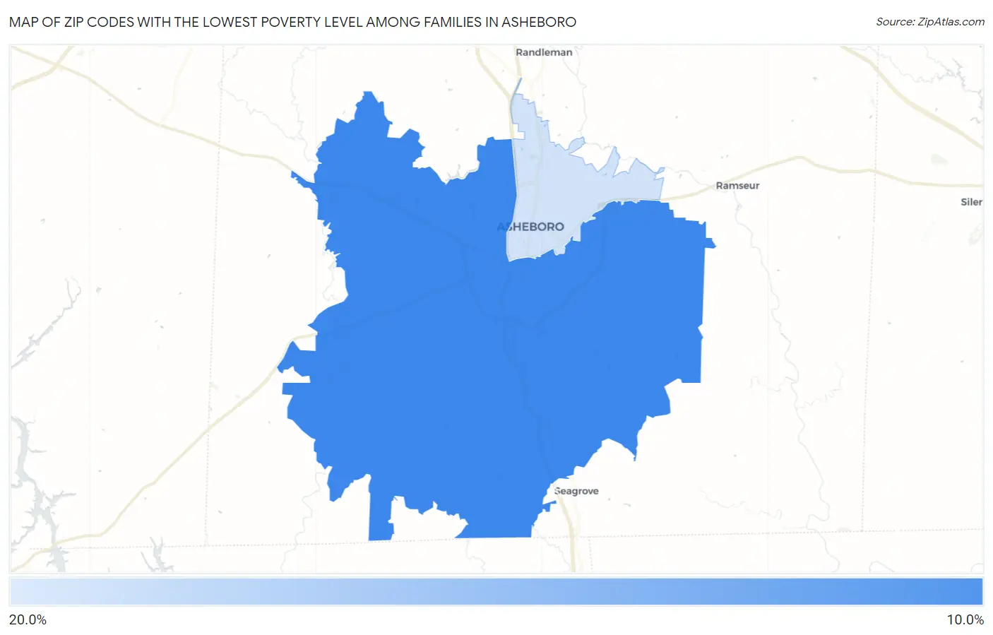 Zip Codes with the Lowest Poverty Level Among Families in Asheboro Map