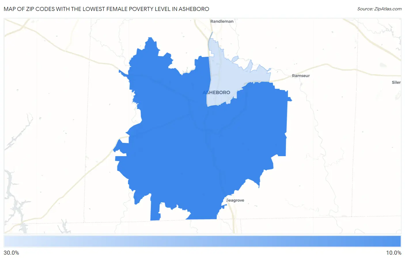 Zip Codes with the Lowest Female Poverty Level in Asheboro Map