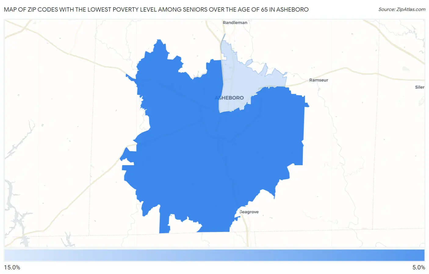 Zip Codes with the Lowest Poverty Level Among Seniors Over the Age of 65 in Asheboro Map