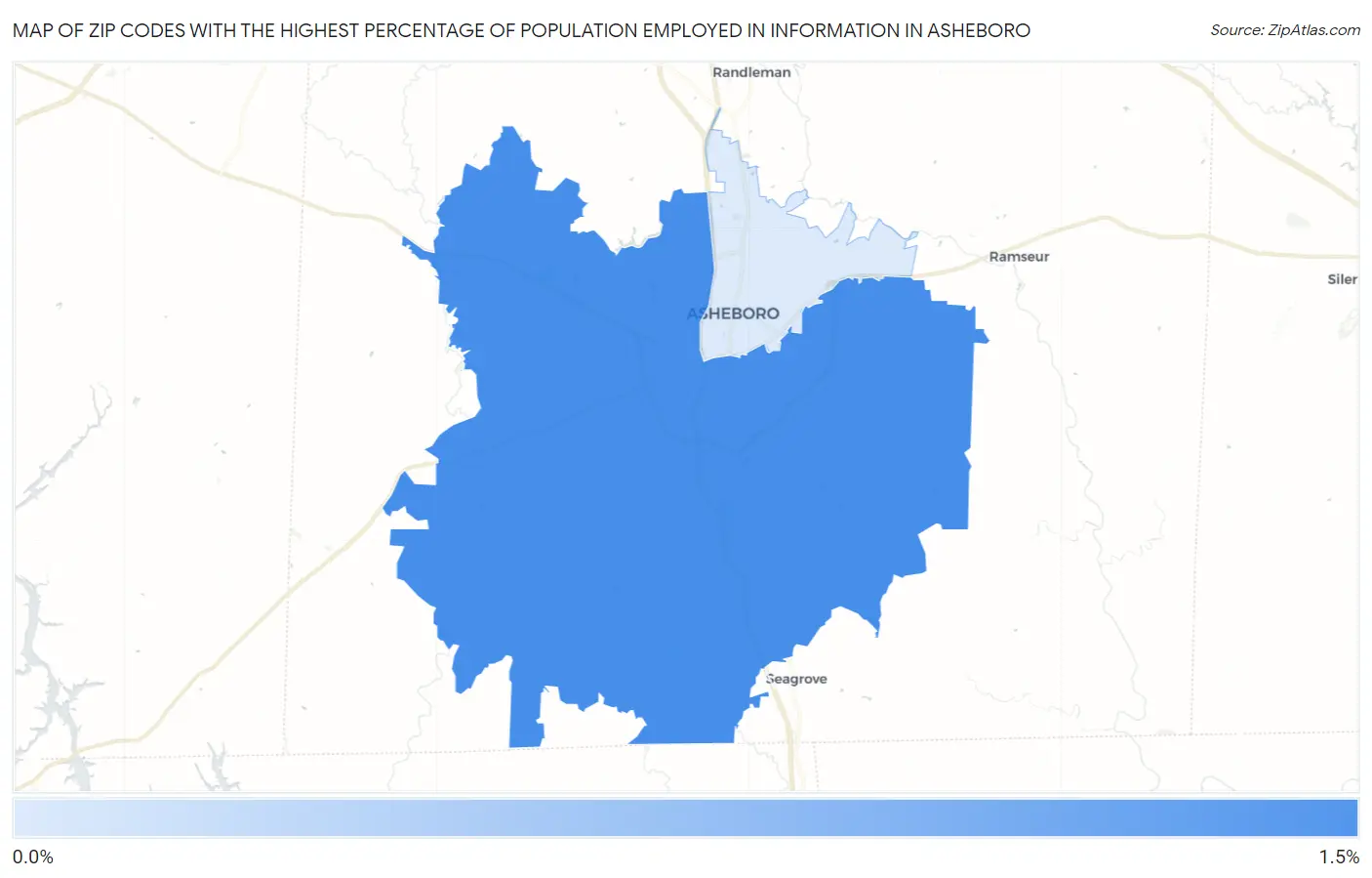 Zip Codes with the Highest Percentage of Population Employed in Information in Asheboro Map