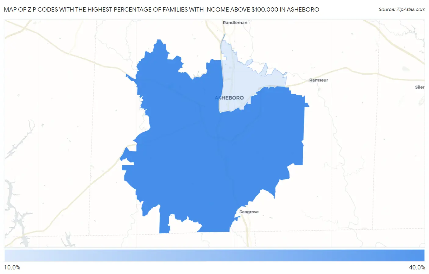 Zip Codes with the Highest Percentage of Families with Income Above $100,000 in Asheboro Map