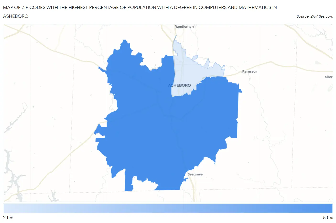 Zip Codes with the Highest Percentage of Population with a Degree in Computers and Mathematics in Asheboro Map