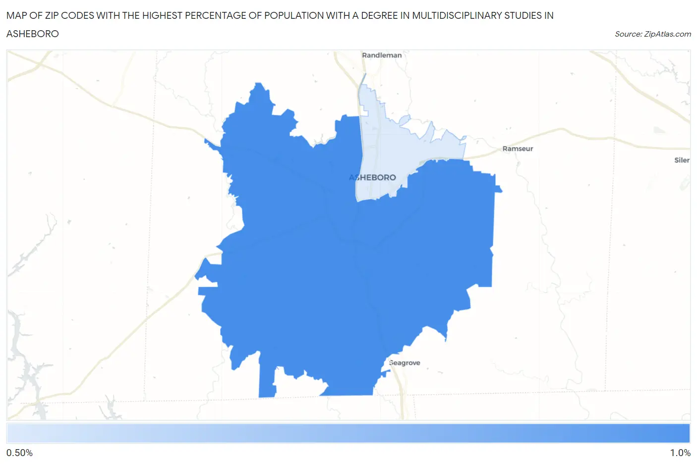 Zip Codes with the Highest Percentage of Population with a Degree in Multidisciplinary Studies in Asheboro Map