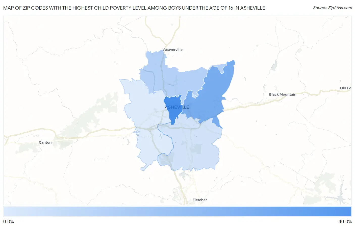 Zip Codes with the Highest Child Poverty Level Among Boys Under the Age of 16 in Asheville Map