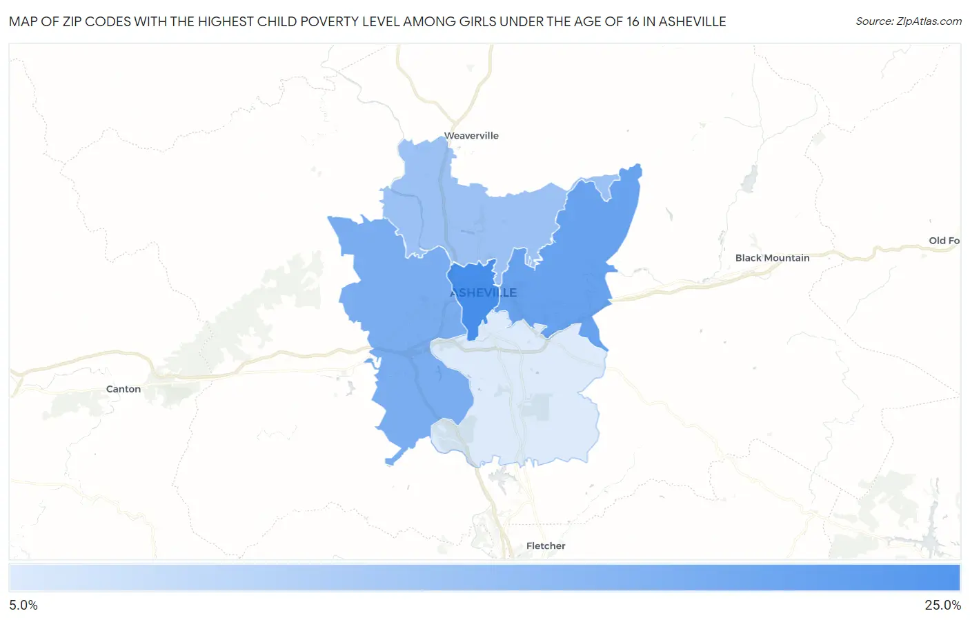 Zip Codes with the Highest Child Poverty Level Among Girls Under the Age of 16 in Asheville Map
