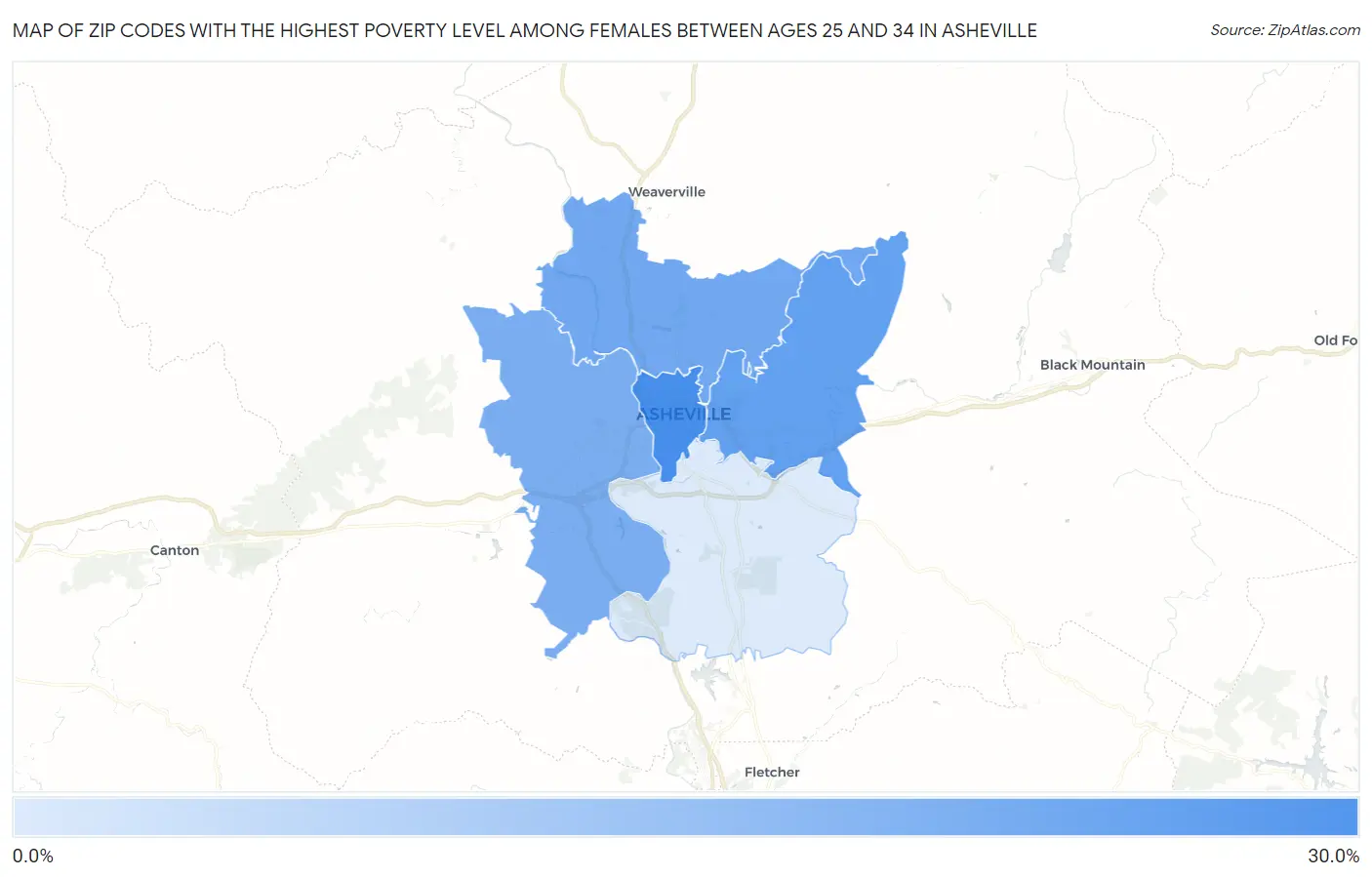 Zip Codes with the Highest Poverty Level Among Females Between Ages 25 and 34 in Asheville Map