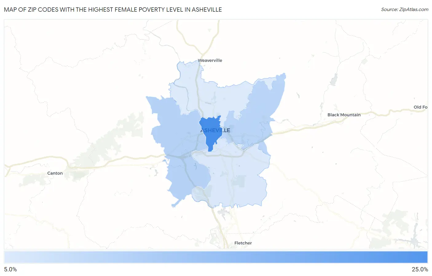 Zip Codes with the Highest Female Poverty Level in Asheville Map