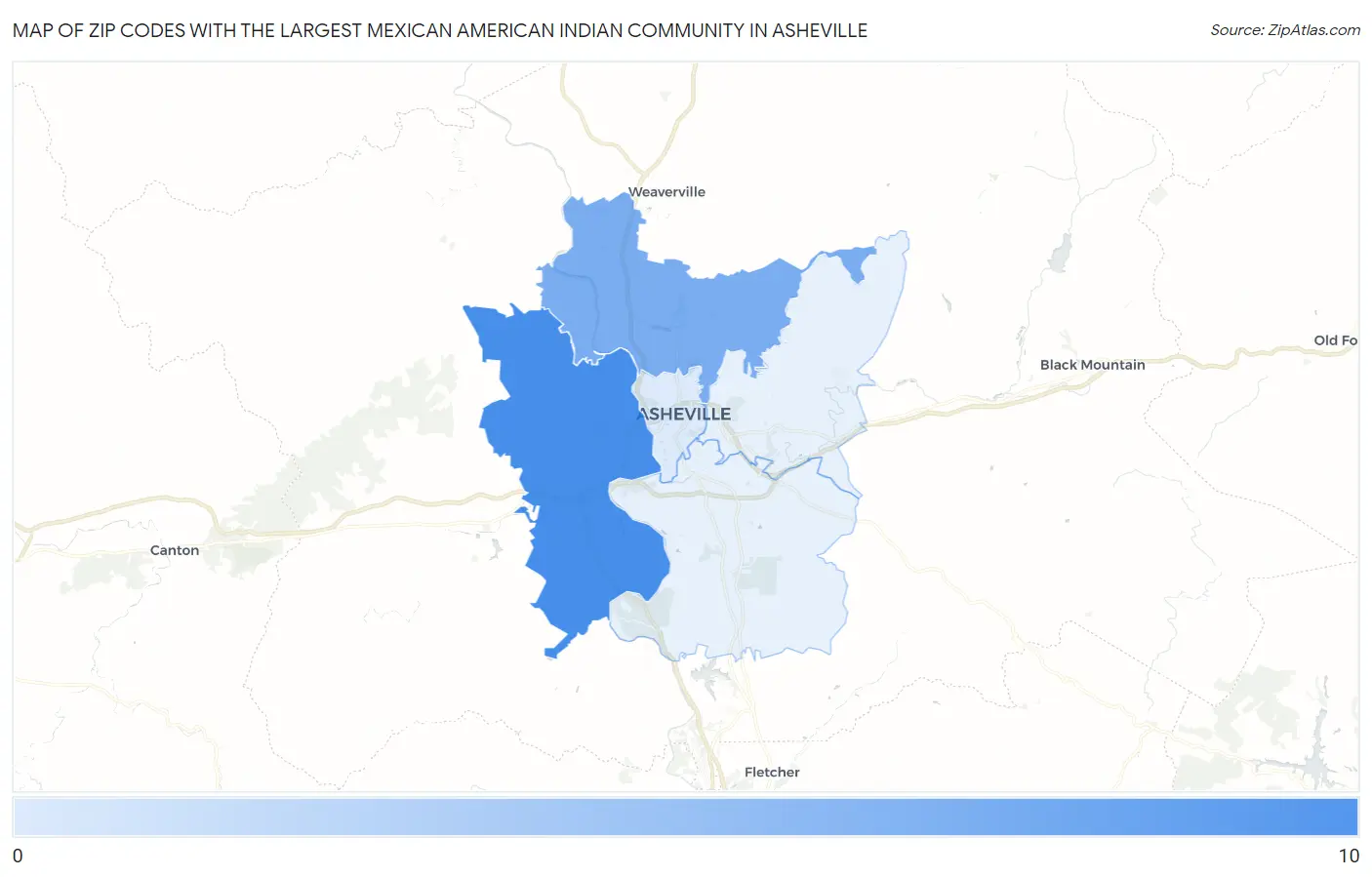 Zip Codes with the Largest Mexican American Indian Community in Asheville Map
