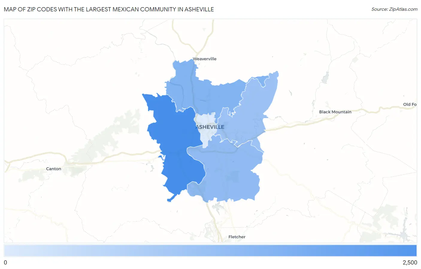 Zip Codes with the Largest Mexican Community in Asheville Map