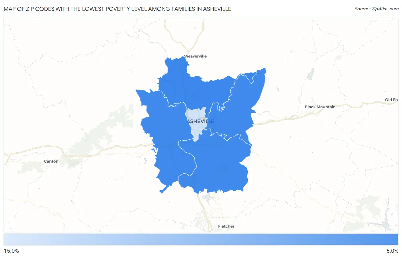 Zip Codes with the Lowest Poverty Level Among Families in Asheville Map