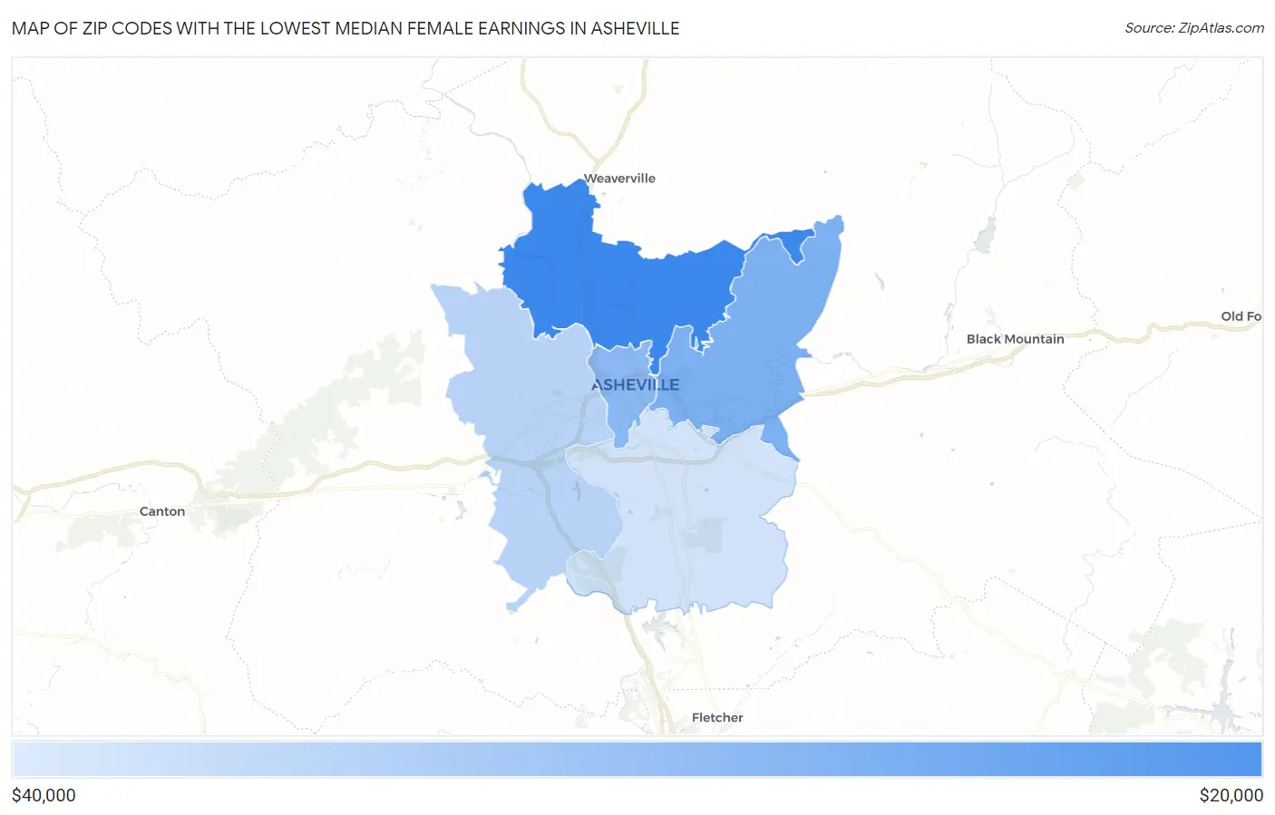 Zip Codes with the Lowest Median Female Earnings in Asheville Map