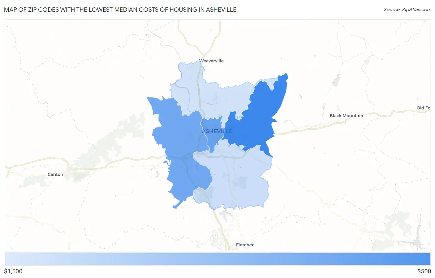 Zip Codes with the Lowest Median Costs of Housing in Asheville Map