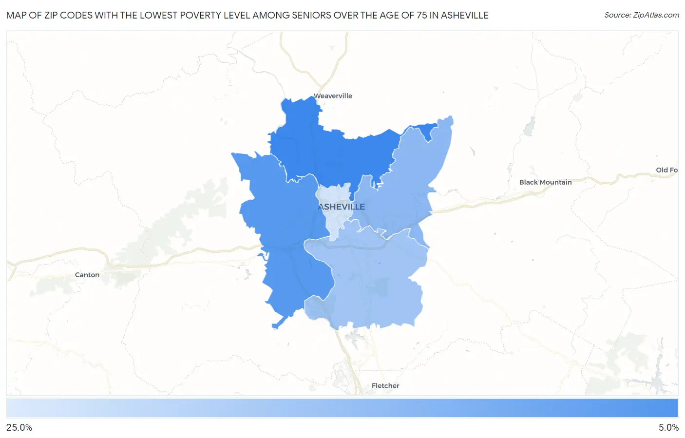 Zip Codes with the Lowest Poverty Level Among Seniors Over the Age of 75 in Asheville Map