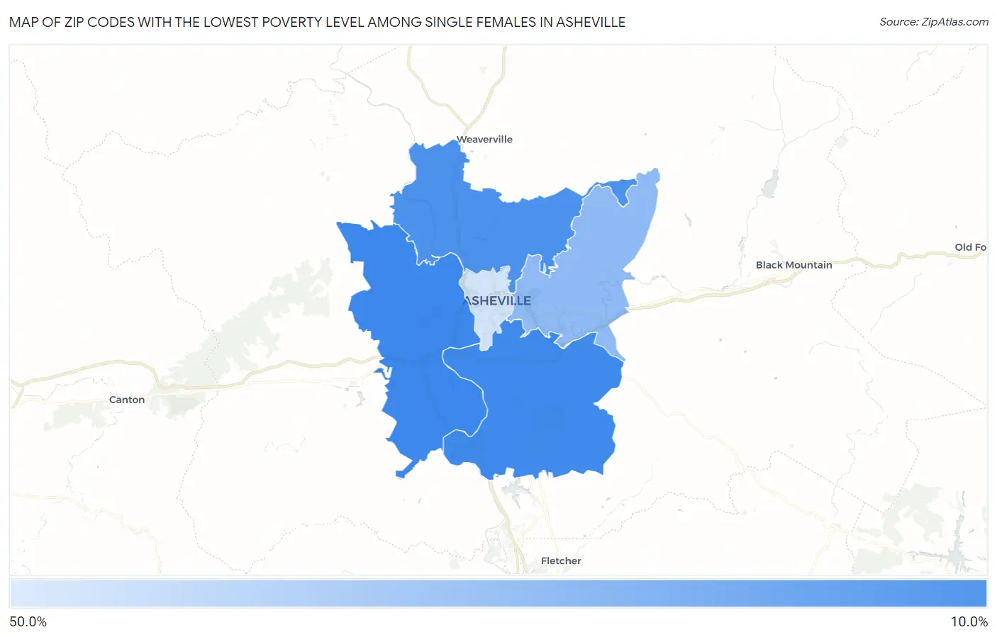 Zip Codes with the Lowest Poverty Level Among Single Females in Asheville Map