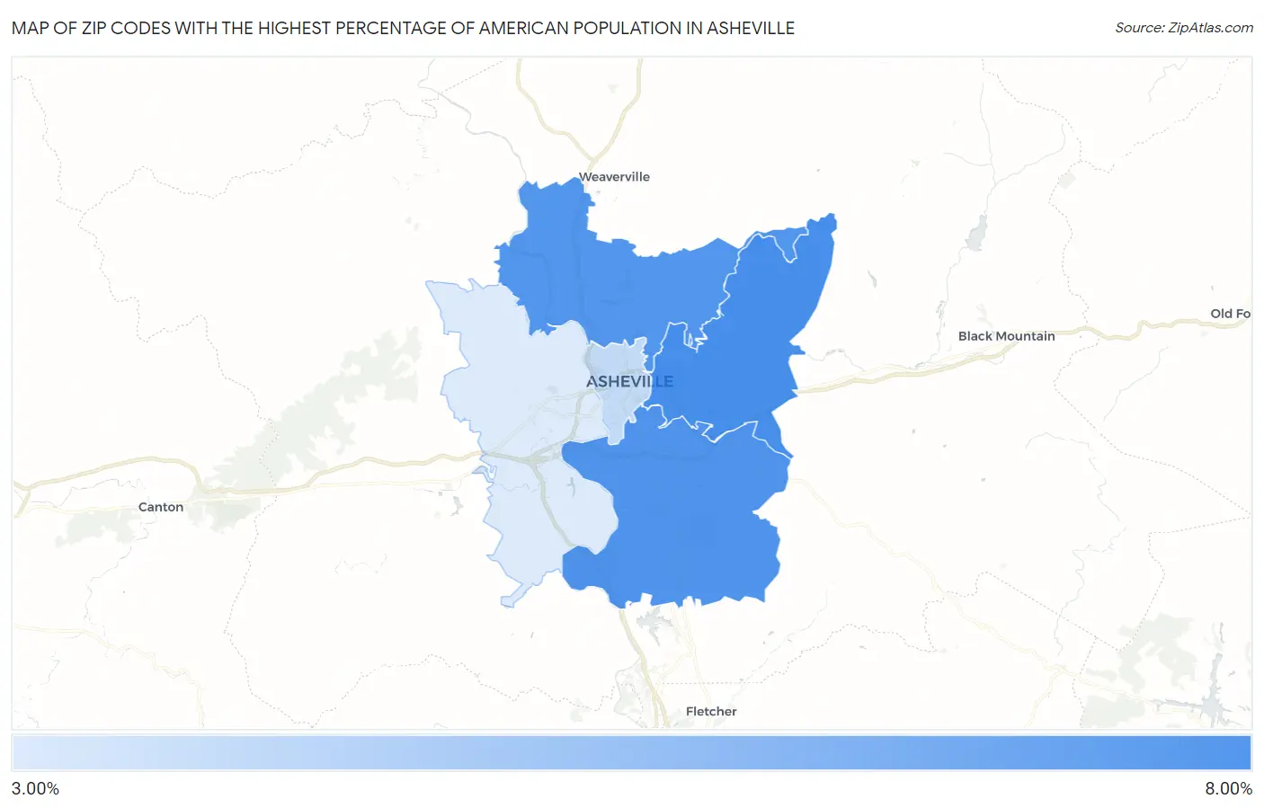 Zip Codes with the Highest Percentage of American Population in Asheville Map