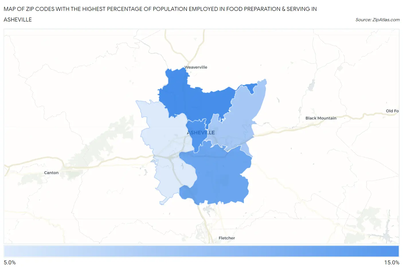 Zip Codes with the Highest Percentage of Population Employed in Food Preparation & Serving in Asheville Map