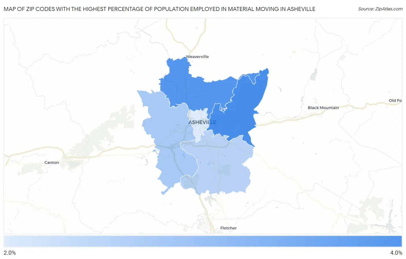 Zip Codes with the Highest Percentage of Population Employed in Material Moving in Asheville Map
