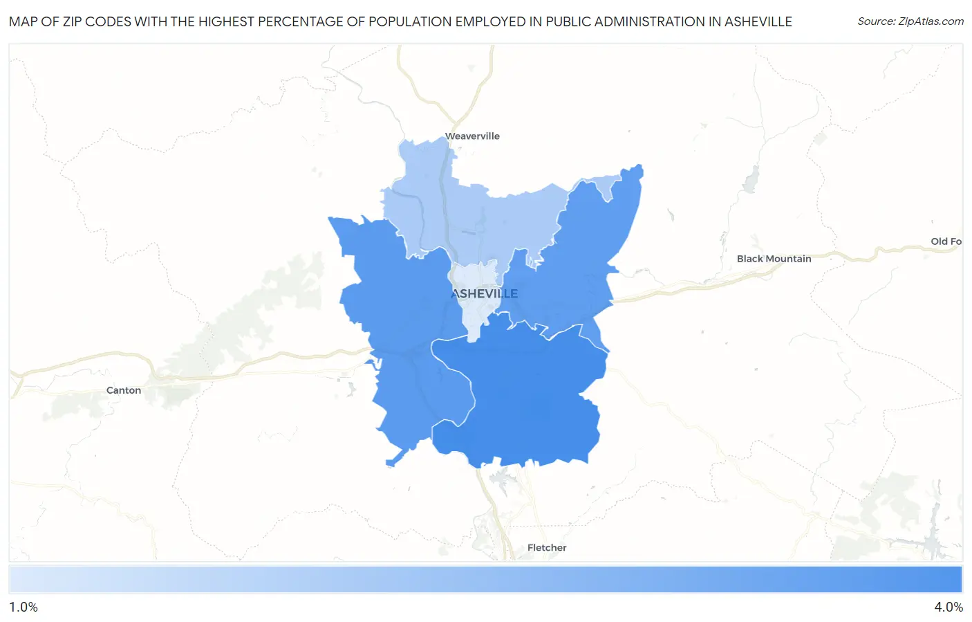 Zip Codes with the Highest Percentage of Population Employed in Public Administration in Asheville Map