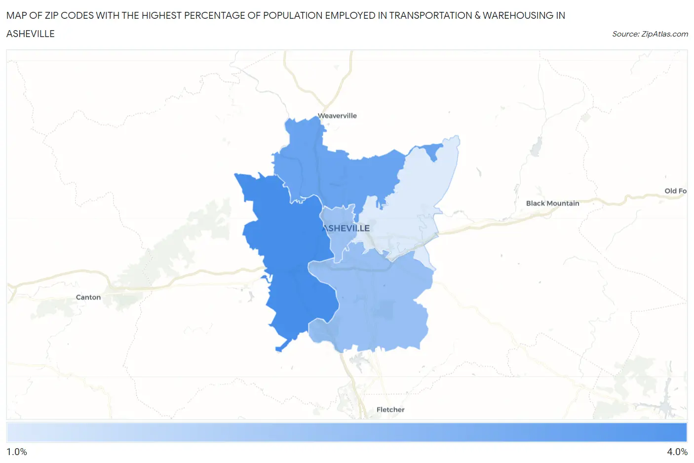 Zip Codes with the Highest Percentage of Population Employed in Transportation & Warehousing in Asheville Map