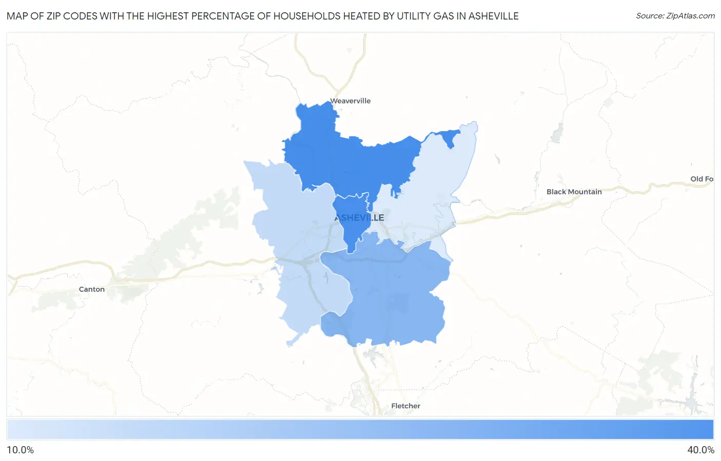 Zip Codes with the Highest Percentage of Households Heated by Utility Gas in Asheville Map