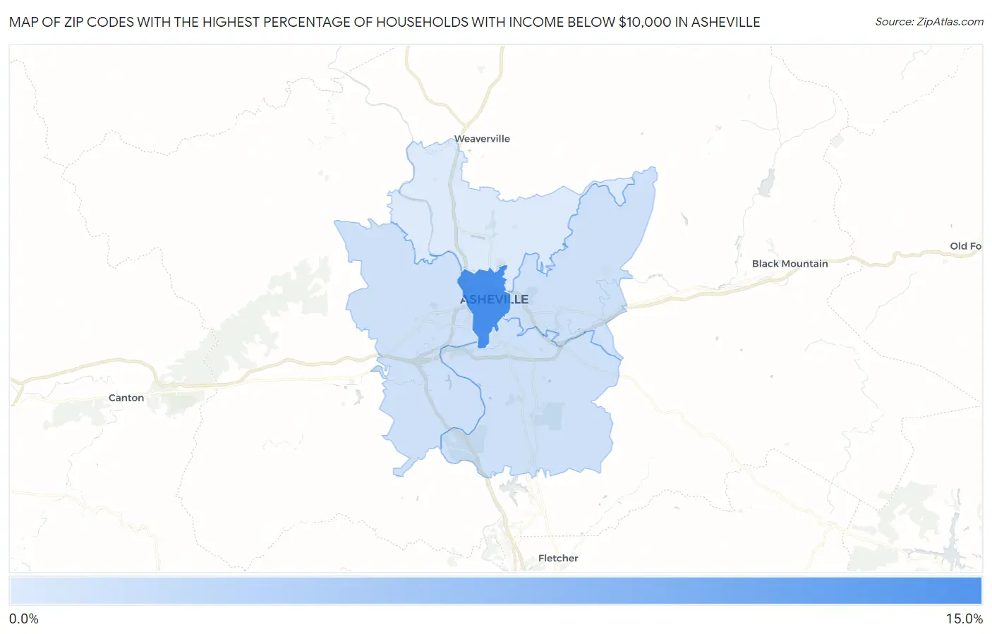 Zip Codes with the Highest Percentage of Households with Income Below $10,000 in Asheville Map