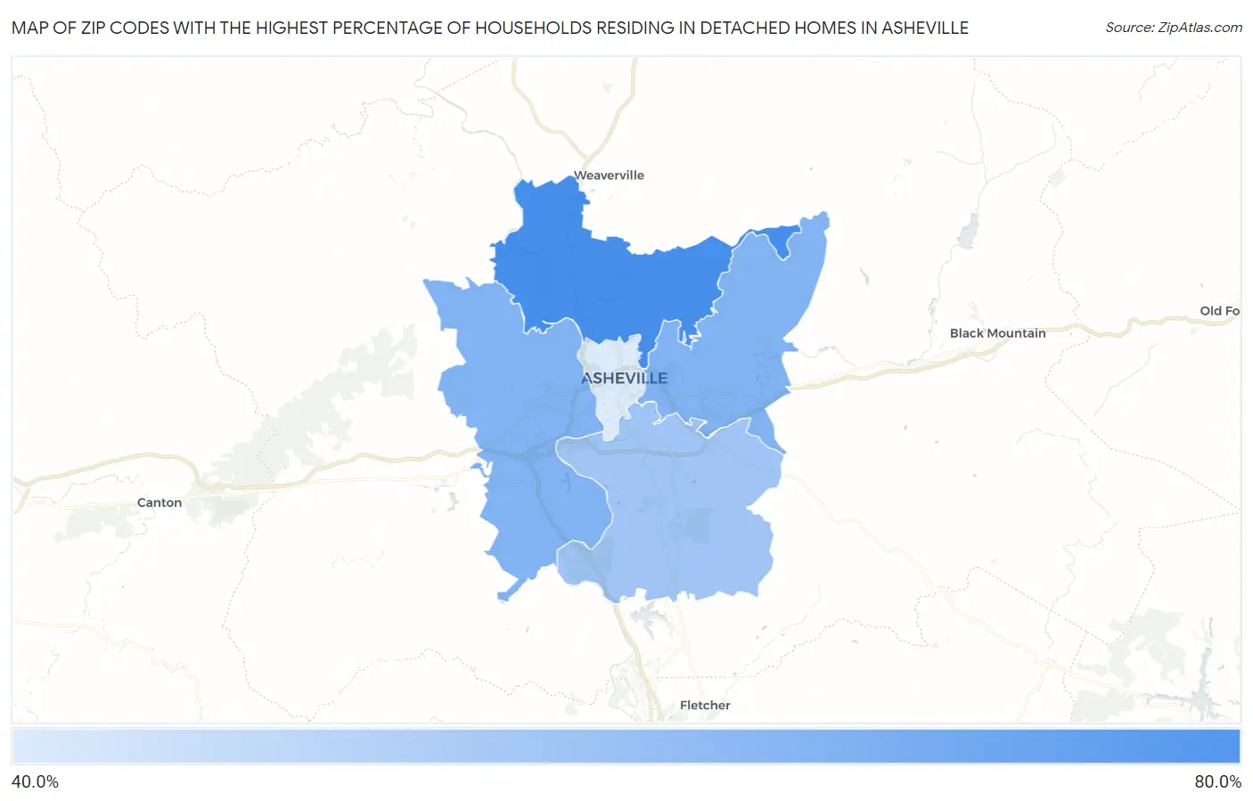 Zip Codes with the Highest Percentage of Households Residing in Detached Homes in Asheville Map