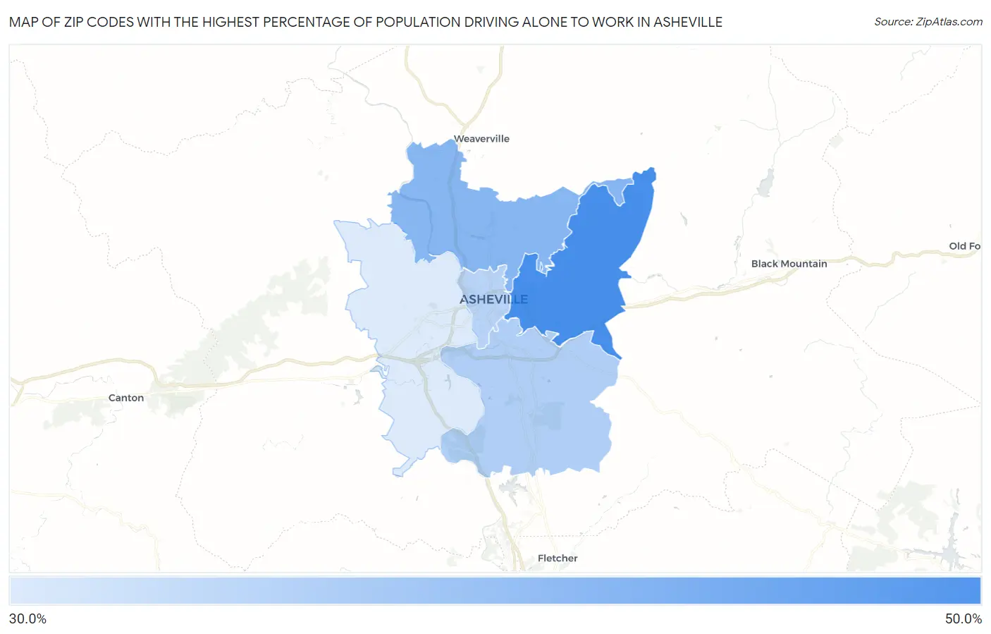 Zip Codes with the Highest Percentage of Population Driving Alone to Work in Asheville Map