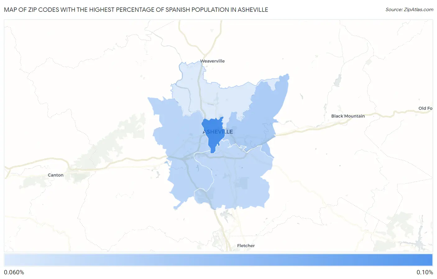 Zip Codes with the Highest Percentage of Spanish Population in Asheville Map