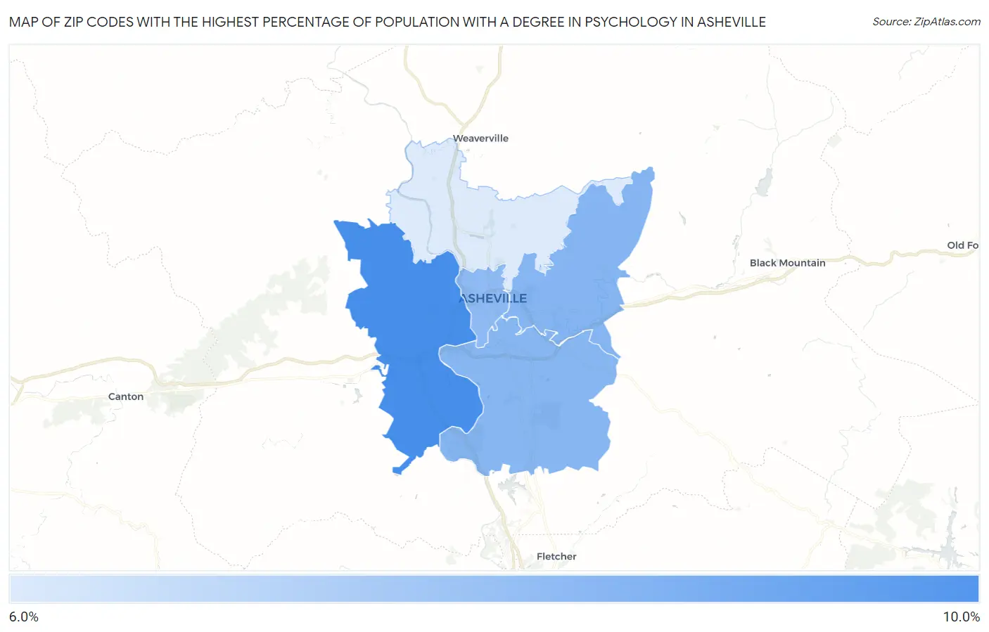 Zip Codes with the Highest Percentage of Population with a Degree in Psychology in Asheville Map