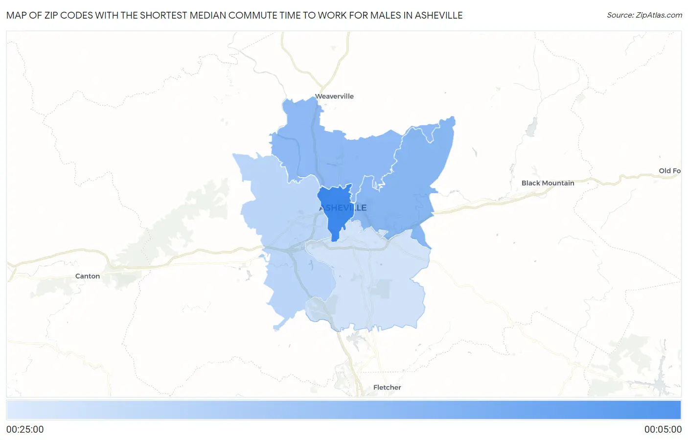 Zip Codes with the Shortest Median Commute Time to Work for Males in Asheville Map