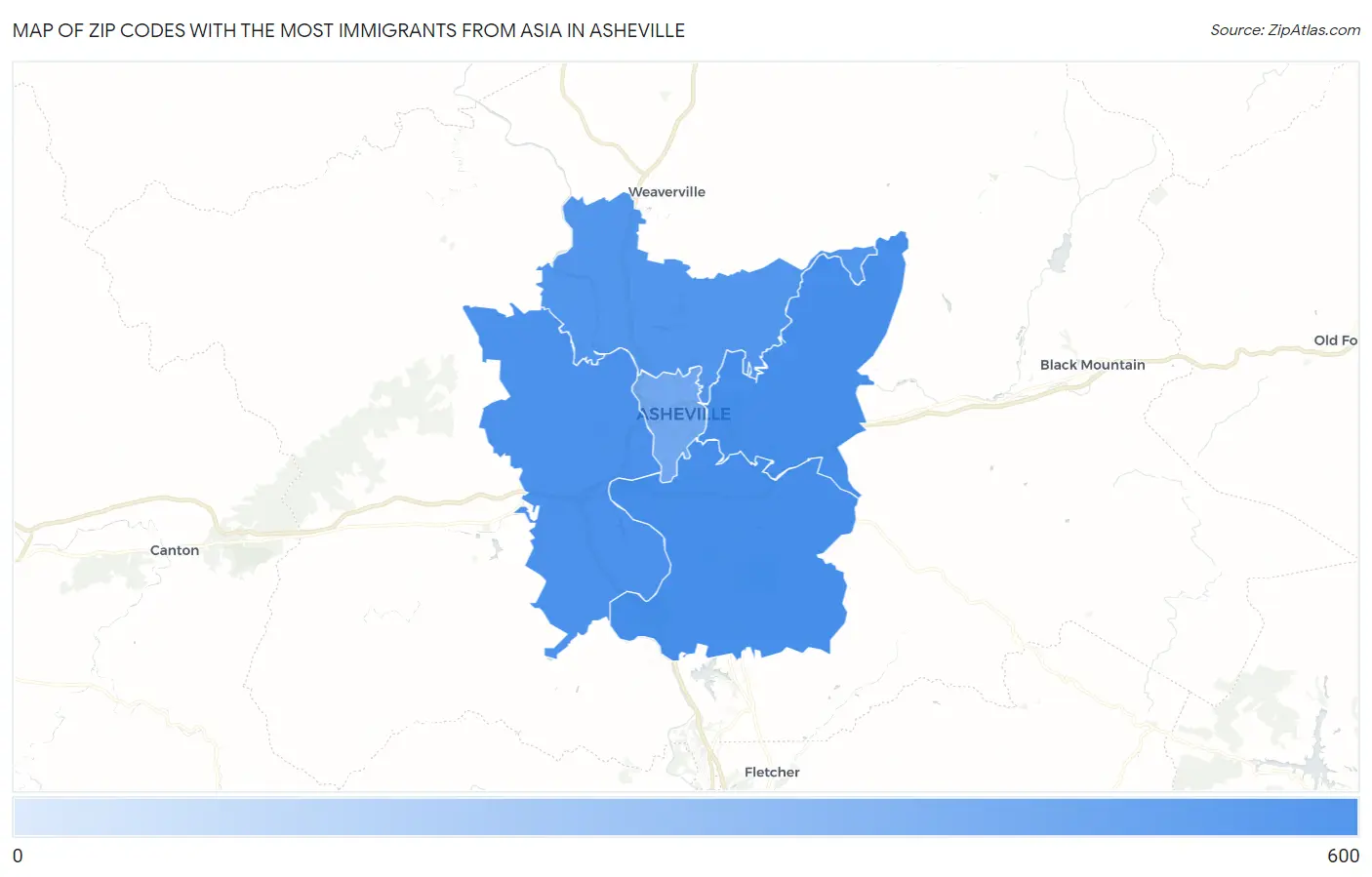 Zip Codes with the Most Immigrants from Asia in Asheville Map