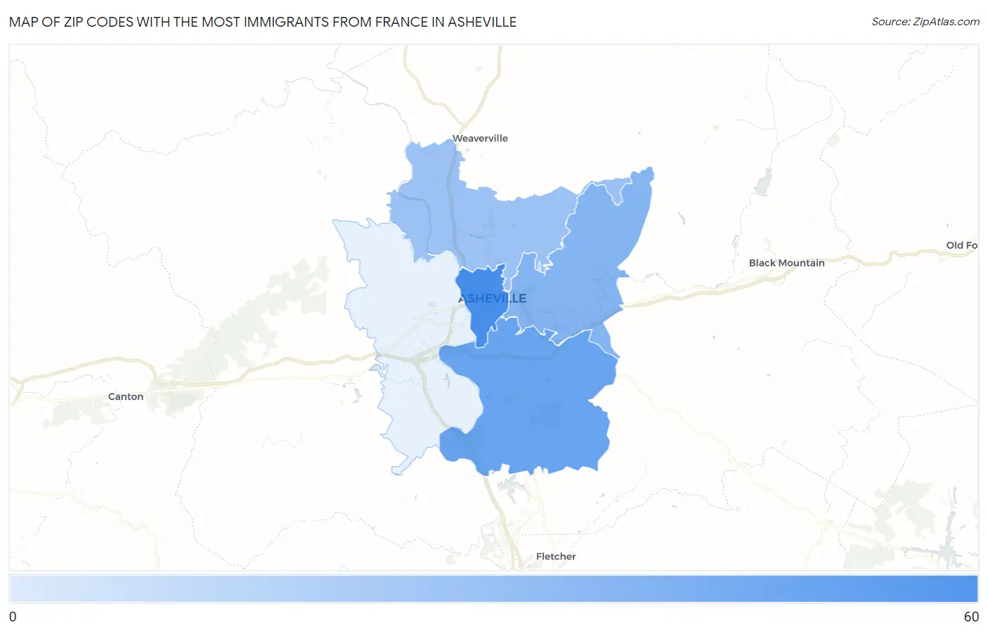 Zip Codes with the Most Immigrants from France in Asheville Map