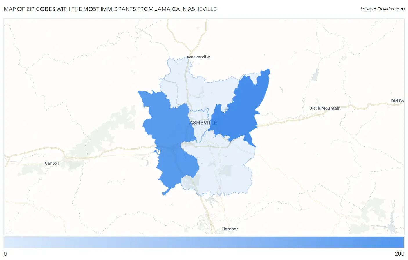 Zip Codes with the Most Immigrants from Jamaica in Asheville Map