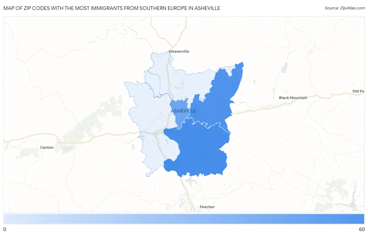 Zip Codes with the Most Immigrants from Southern Europe in Asheville Map