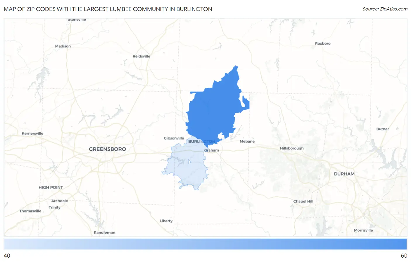 Zip Codes with the Largest Lumbee Community in Burlington Map