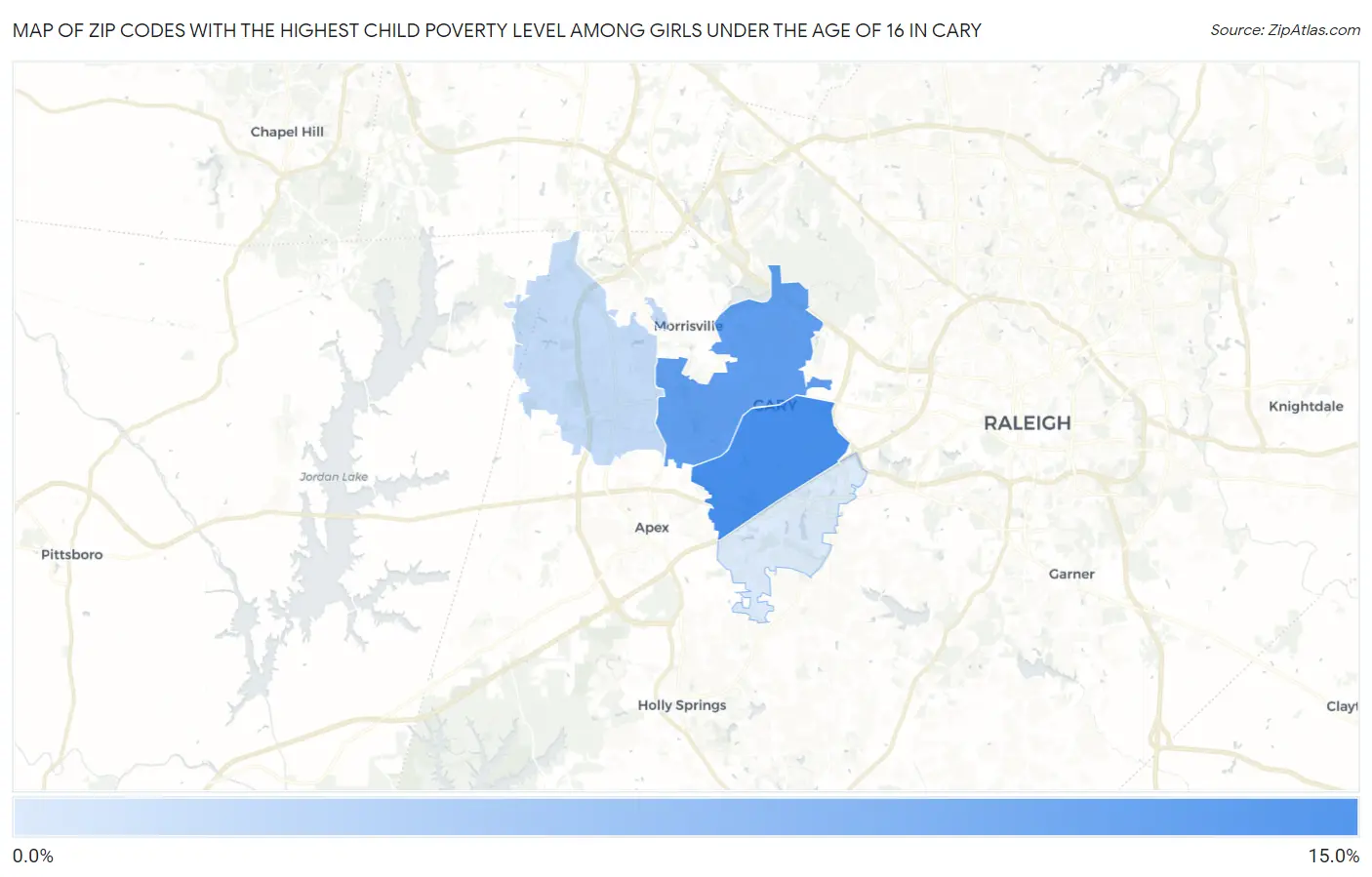 Zip Codes with the Highest Child Poverty Level Among Girls Under the Age of 16 in Cary Map