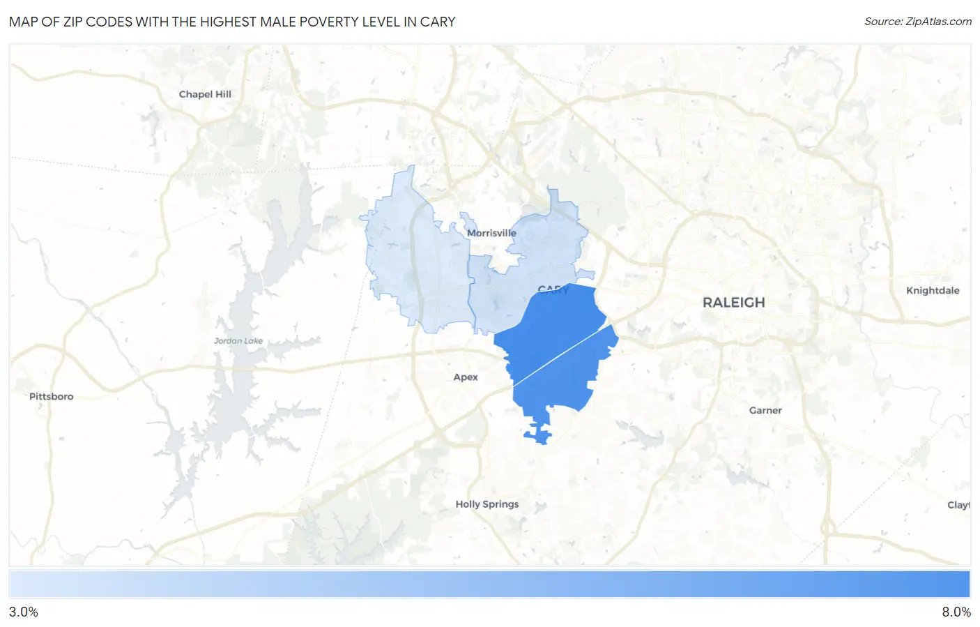Zip Codes with the Highest Male Poverty Level in Cary Map